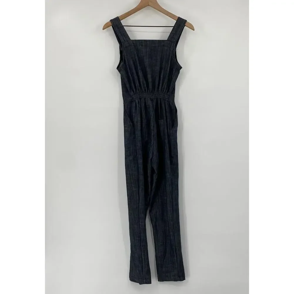 Nooworks Denim Overall Jumpsuit Wide Leg Sleeveless Chambray Dark Wash Womens XS - Picture 5 of 9